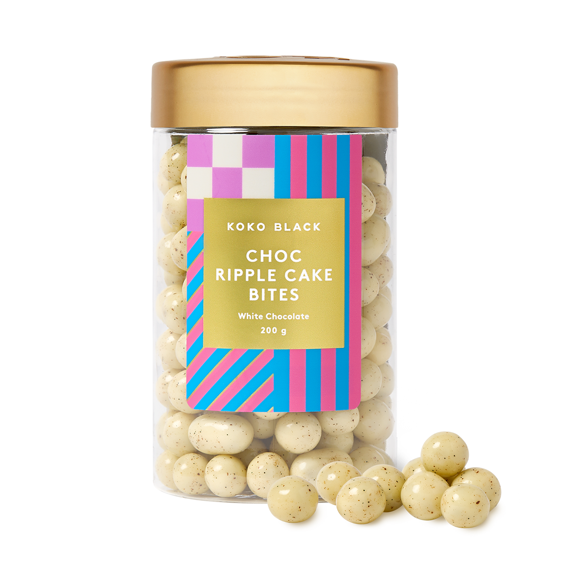 Jar of Koko Black Choc Ripple Cake Bites with a colorful label 