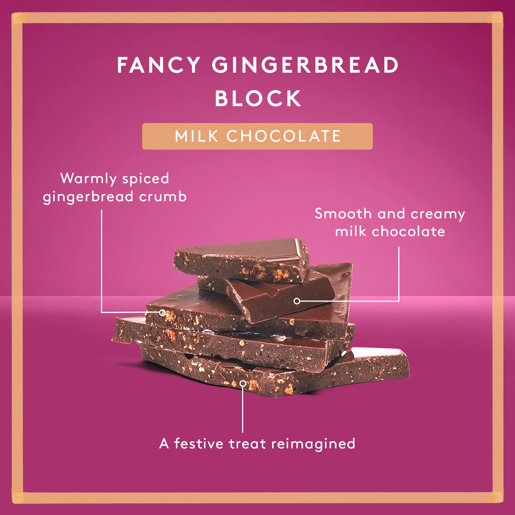 Milk chocolate gingerbread block with text on a pink background