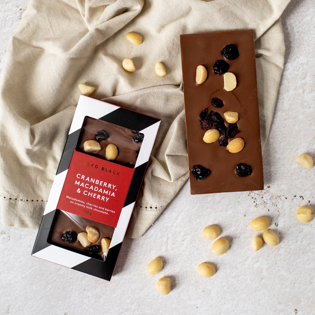Cranberry Macadamia & Cherry 100g | Milk Chocolate Block